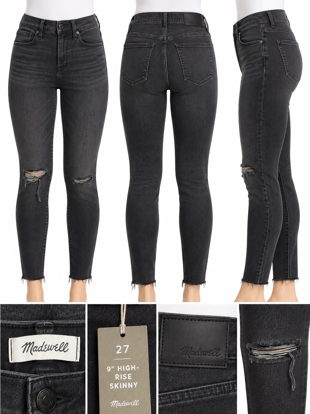 Madewell 9” High-Rise Skinny Jeans 27 Black Distressed Raw Hem Magic Pockets